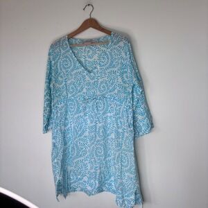 Gretchen Scott Blue Pattern Empire Tie Waist Long Sleeve Cover Up Tunic Large